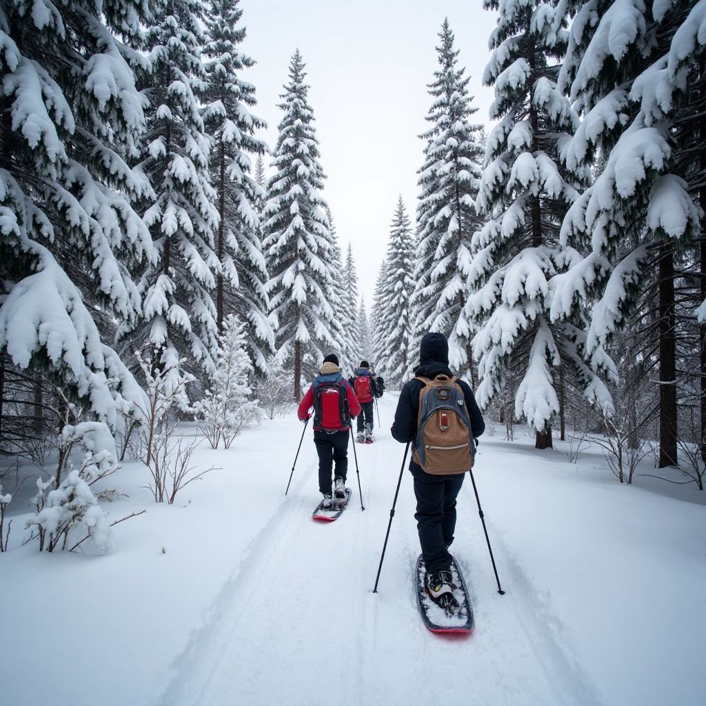 Snowshoeing in Winter Forest